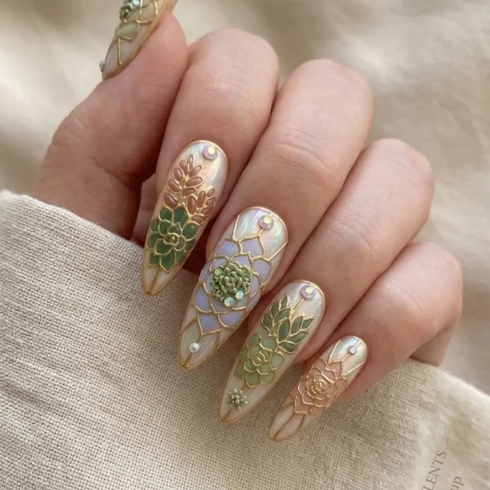3D succulent nails, flower press on, press on nails, custom press on nails, fake nails, Nails Art, stained glass nails, gold press on nails, 3d press on nails, luxury press on nails, handmade press on nails