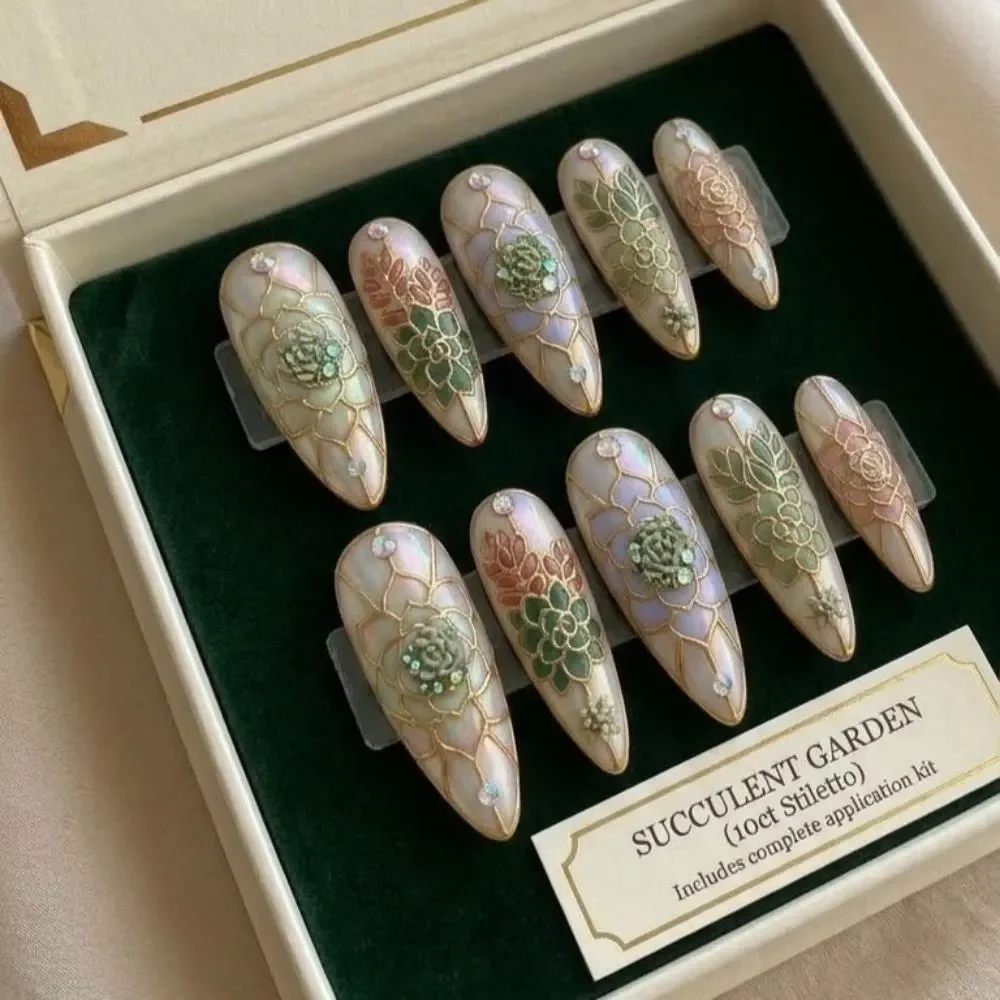 cloisonné nail art, botanical art nails, press on nails, custom press on nails, fake nails, Nails Art, stained glass nails, gold press on nails, 3d press on nails, luxury press on nails, handmade press on nails