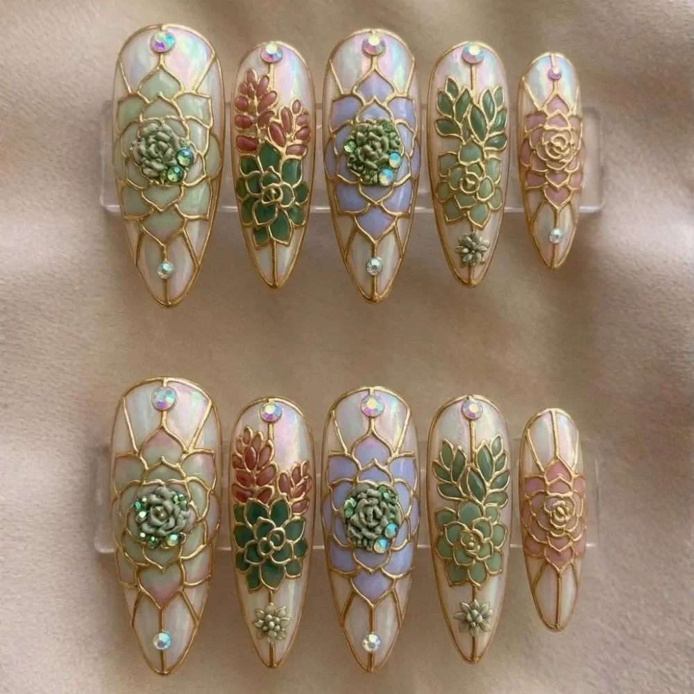 pearl iridescent nails, cloisonné botanical, press on nails, custom press on nails, fake nails, Nails Art, stained glass nails, gold press on nails, 3d press on nails, luxury press on nails, handmade press on nails