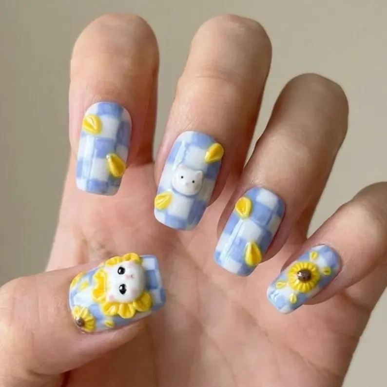 3D sunflower nails, cat summer press-ons, press on nails, custom press on nails, fake nails, Nails Art, stained glass nails, gold press on nails, 3d press on nails, luxury press on nails, handmade press on nails
