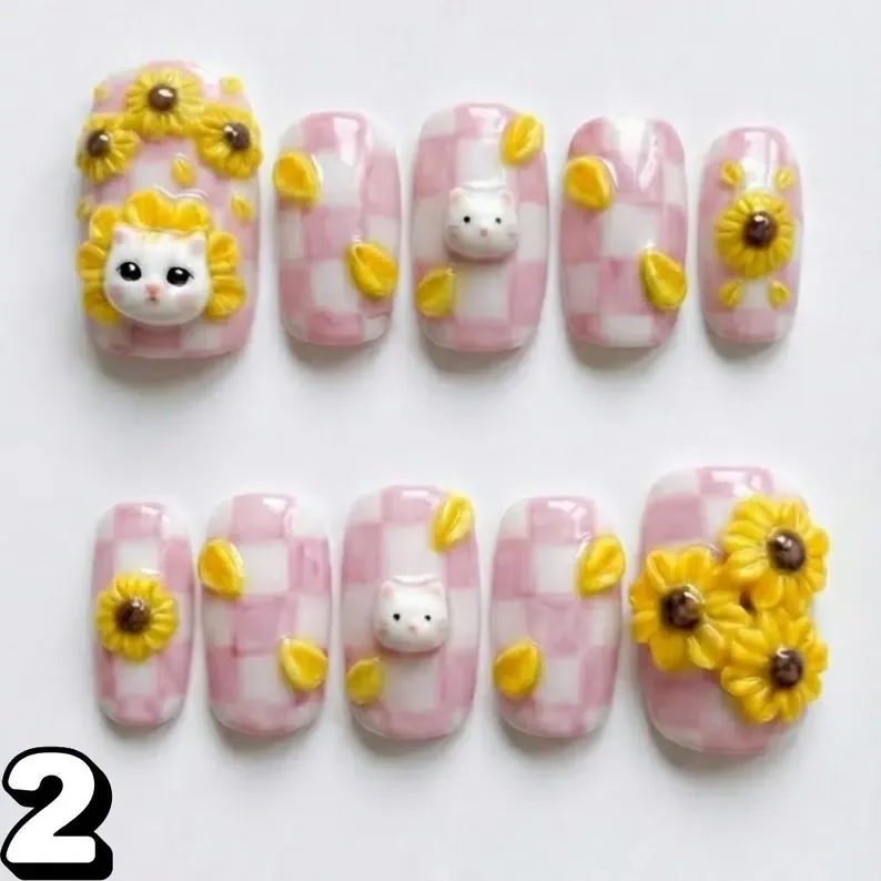 4 color nail set, cute cat nails, press on nails, custom press on nails, fake nails, Nails Art, stained glass nails, gold press on nails, 3d press on nails, luxury press on nails, handmade press on nails
