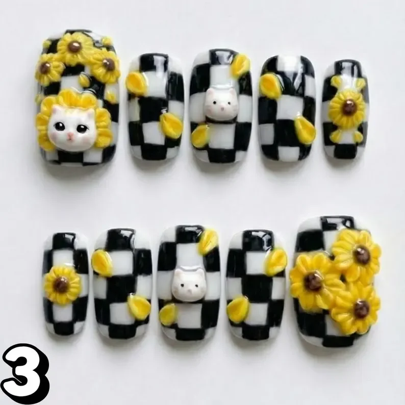3D sunflower nails, cat summer press-ons, press on nails, custom press on nails, fake nails, Nails Art, stained glass nails, gold press on nails, 3d press on nails, luxury press on nails, handmade press on nails