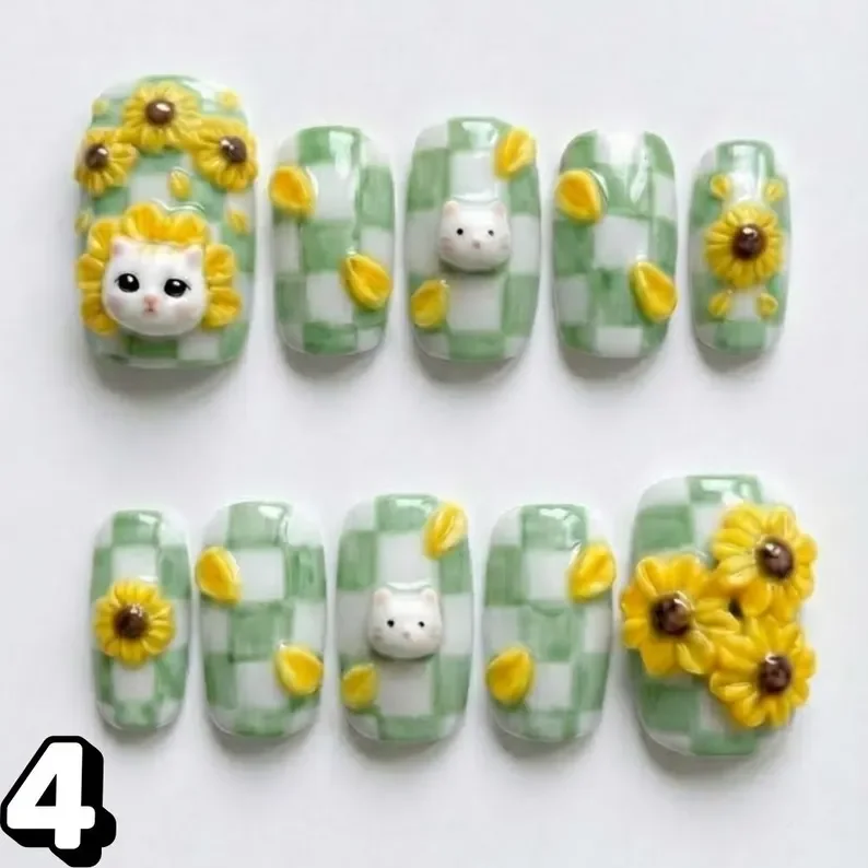 kawaii kitten nails, gingham checkered, press on nails, custom press on nails, fake nails, Nails Art, stained glass nails, gold press on nails, 3d press on nails, luxury press on nails, handmade press on nails