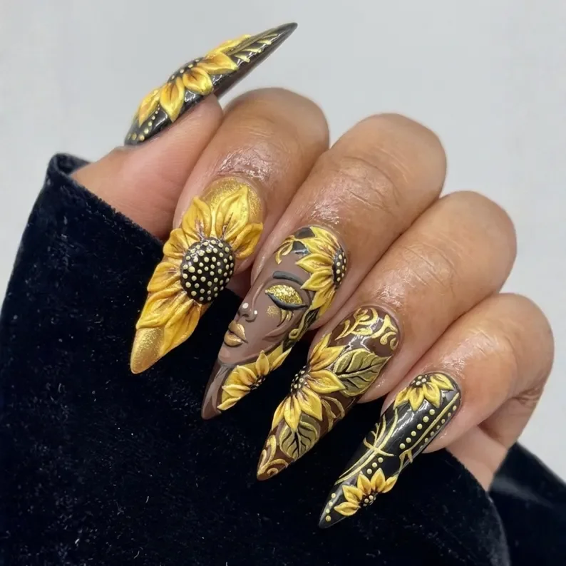 3D Sunflower Nails, Press On Nails, press on nails, custom press on nails, fake nails, Nails Art, stained glass nails, gold press on nails, 3d press on nails, luxury press on nails, handmade press on nails
