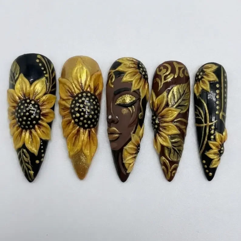Sunflower Nail Art, Portrait Nail Art, press on nails, custom press on nails, fake nails, Nails Art, stained glass nails, gold press on nails, 3d press on nails, luxury press on nails, handmade press on nails