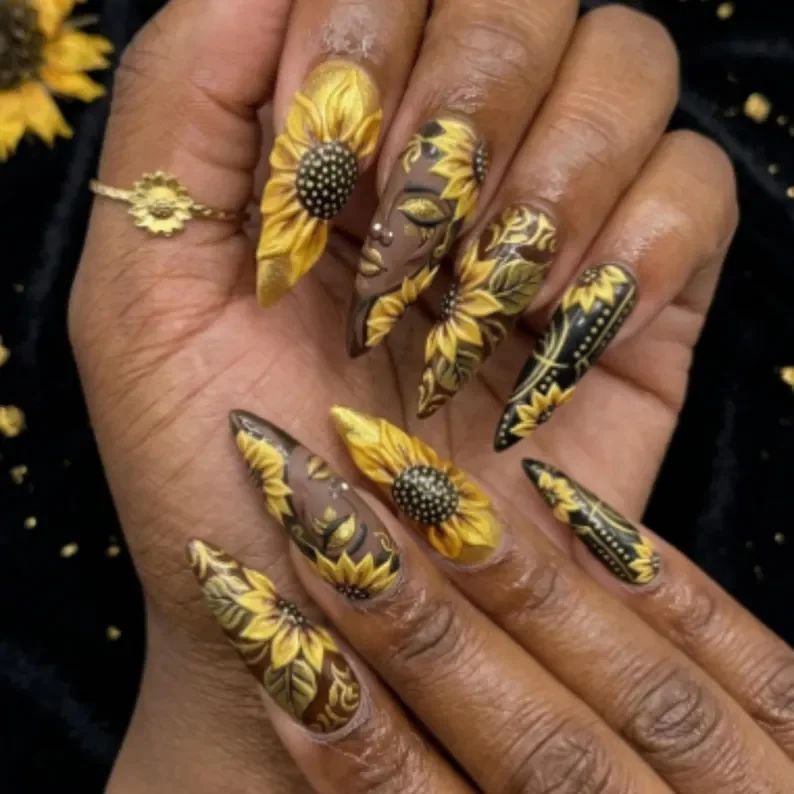 Melanin Queen, Nature Inspired Nails, press on nails, custom press on nails, fake nails, Nails Art, stained glass nails, gold press on nails, 3d press on nails, luxury press on nails, handmade press on nails