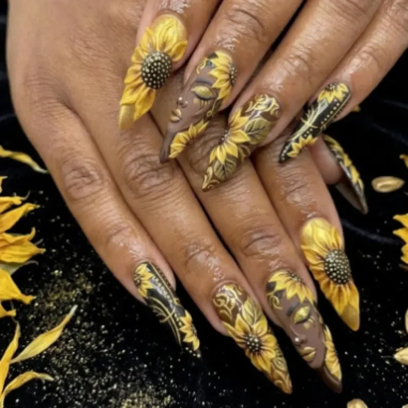 Beauty Nail Art, 3D Floral Nails, press on nails, custom press on nails, fake nails, Nails Art, stained glass nails, gold press on nails, 3d press on nails, luxury press on nails, handmade press on nails