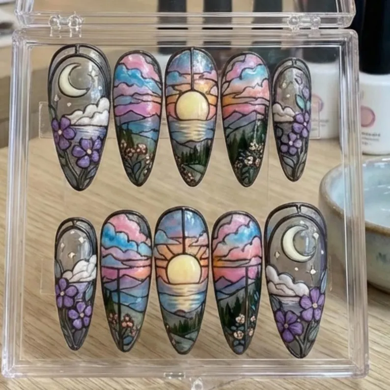 Whimsigoth Style, Sunset Nail Design, press on nails, custom press on nails, fake nails, Nails Art, stained glass nails, gold press on nails, 3d press on nails, luxury press on nails, handmade press on nails