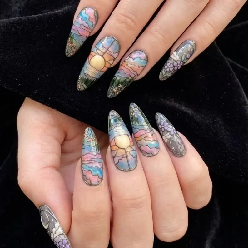 Celestial Nail Art, Moon Mural Nails, press on nails, custom press on nails, fake nails, Nails Art, stained glass nails, gold press on nails, 3d press on nails, luxury press on nails, handmade press on nails