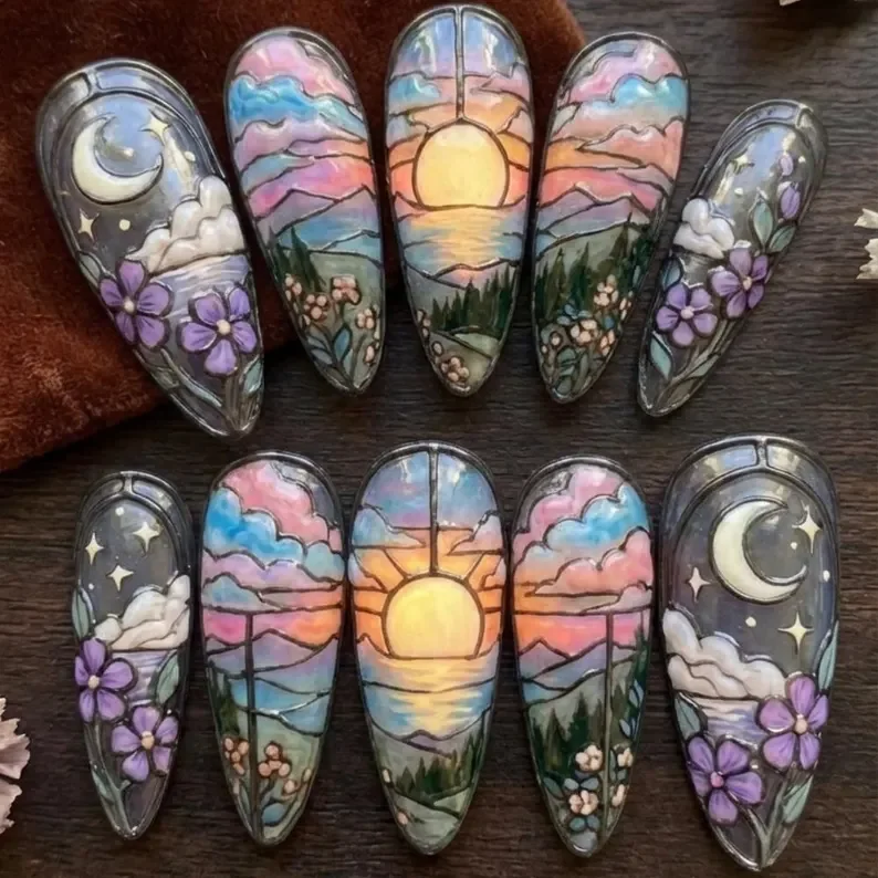 Whimsigoth Style, Sunset Nail Design, press on nails, custom press on nails, fake nails, Nails Art, stained glass nails, gold press on nails, 3d press on nails, luxury press on nails, handmade press on nails
