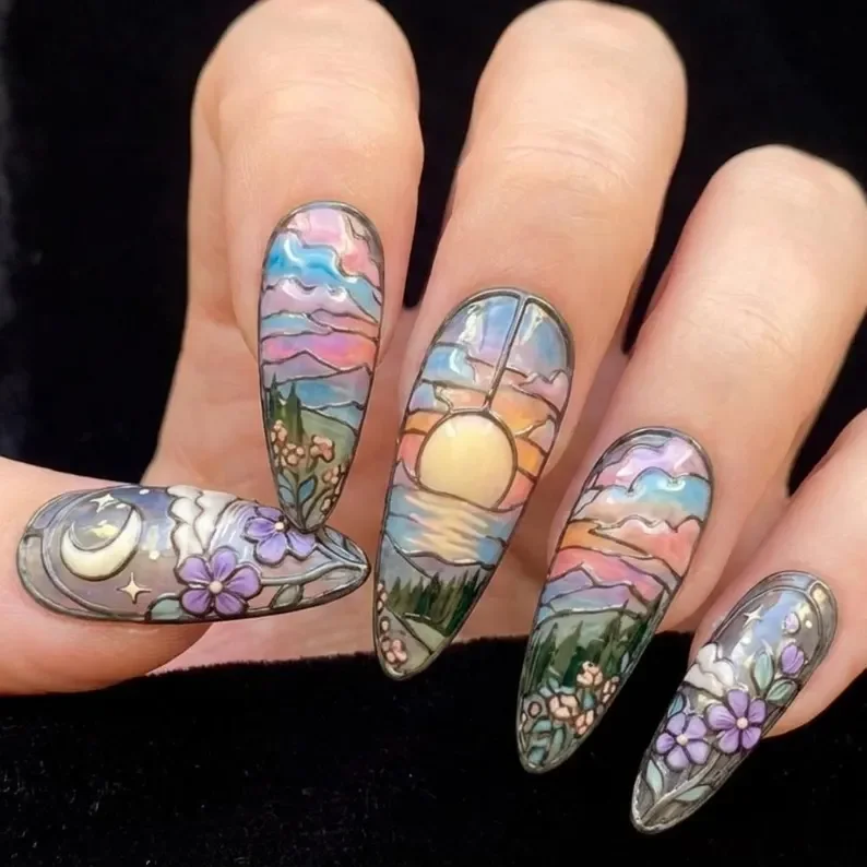 3D Sunset Moon, Stained Glass Nails, press on nails, custom press on nails, fake nails, Nails Art, stained glass nails, gold press on nails, 3d press on nails, luxury press on nails, handmade press on nails