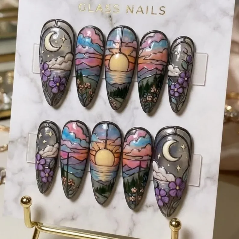 Celestial Nail Art, Moon Mural Nails, press on nails, custom press on nails, fake nails, Nails Art, stained glass nails, gold press on nails, 3d press on nails, luxury press on nails, handmade press on nails