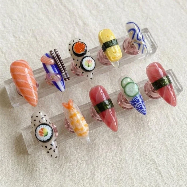 3D sushi nails, press on nails, custom press on nails, fake nails, Nails Art, stained glass nails, gold press on nails, 3d press on nails, luxury press on nails, handmade press on nails