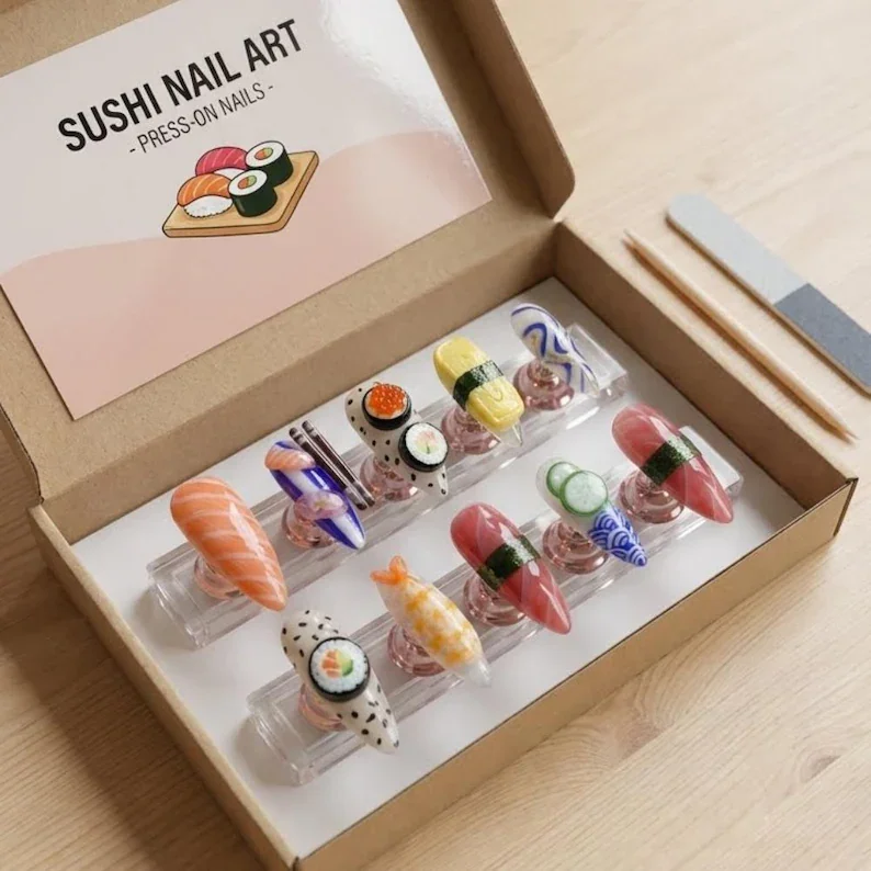 sushi nail design, 3D nail art, press on nails, custom press on nails, fake nails, Nails Art, stained glass nails, gold press on nails, 3d press on nails, luxury press on nails, handmade press on nails