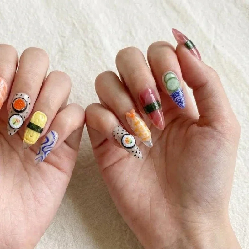 faux press nails, decorative sushi nails, press on nails, custom press on nails, fake nails, Nails Art, stained glass nails, gold press on nails, 3d press on nails, luxury press on nails, handmade press on nails