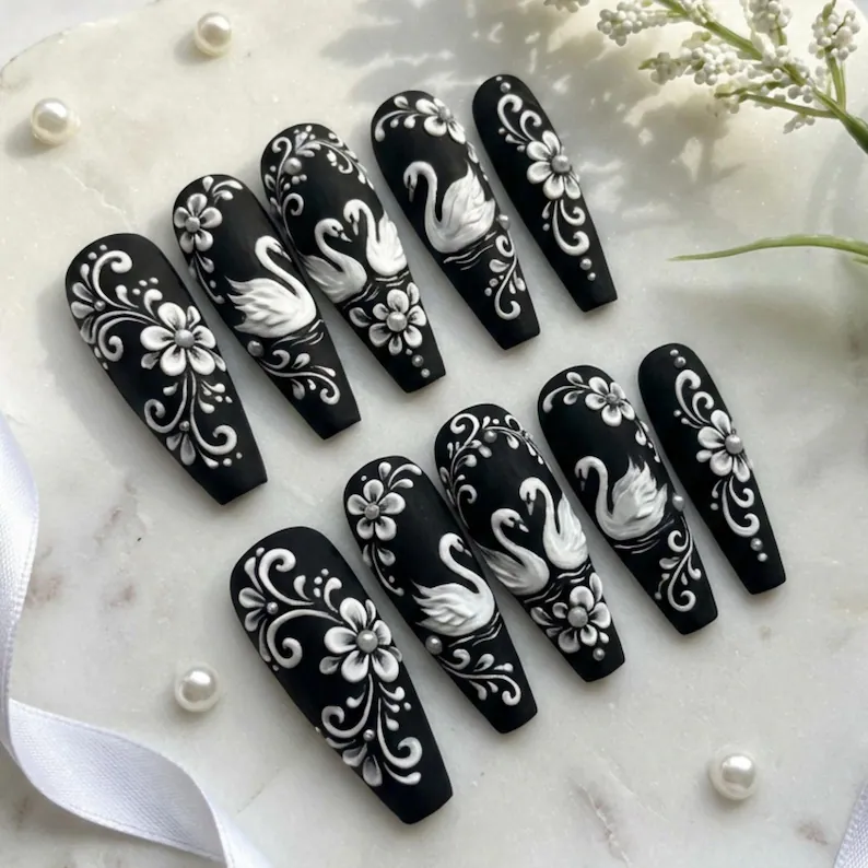 3D Swan Lake, Floral filigree, press on nails, custom press on nails, fake nails, Nails Art, stained glass nails, gold press on nails, 3d press on nails, luxury press on nails, handmade press on nails