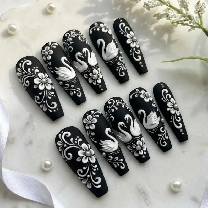 3D Swan Lake, Floral filigree, press on nails, custom press on nails, fake nails, Nails Art, stained glass nails, gold press on nails, 3d press on nails, luxury press on nails, handmade press on nails
