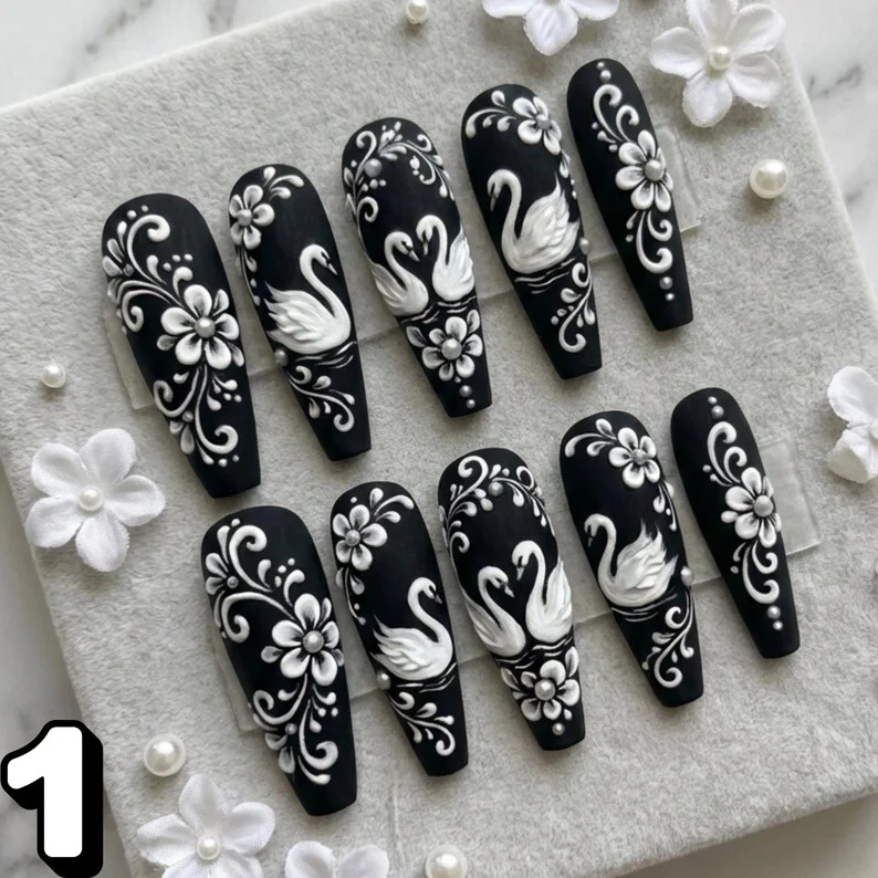 Swan lake nails, Filigree nail design, press on nails, custom press on nails, fake nails, Nails Art, stained glass nails, gold press on nails, 3d press on nails, luxury press on nails, handmade press on nails