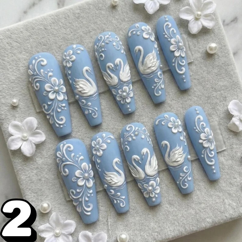 3D Swan Lake, Floral filigree, press on nails, custom press on nails, fake nails, Nails Art, stained glass nails, gold press on nails, 3d press on nails, luxury press on nails, handmade press on nails