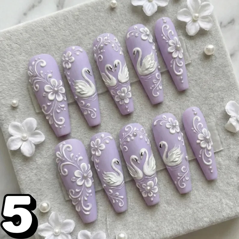 Swan lake nails, Filigree nail design, press on nails, custom press on nails, fake nails, Nails Art, stained glass nails, gold press on nails, 3d press on nails, luxury press on nails, handmade press on nails