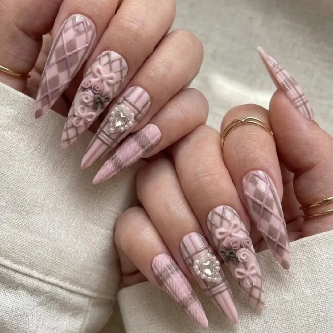 pink argyle plaid, bow pearl heart, press on nails, custom press on nails, fake nails, Nails Art, stained glass nails, gold press on nails, 3d press on nails, luxury press on nails, handmade press on nails