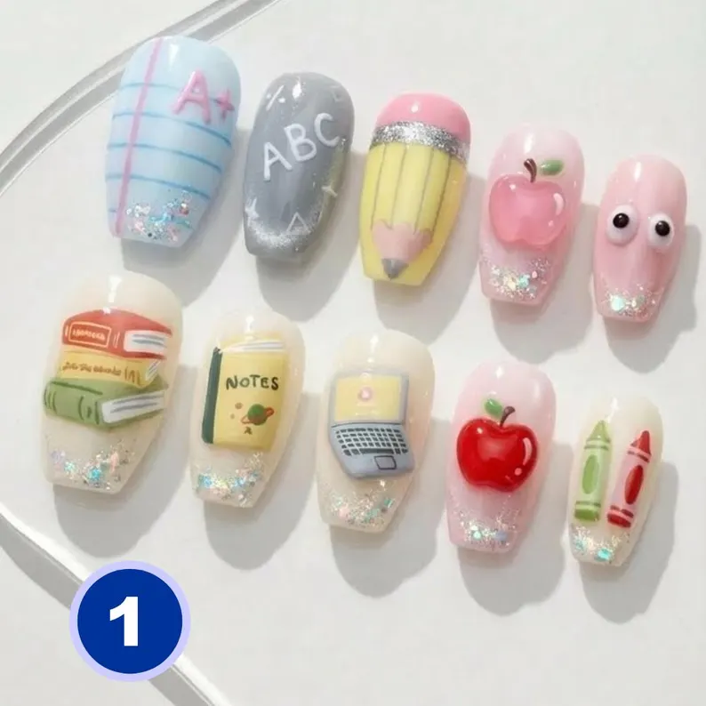 Teacher Gift, Gel Nail Set, press on nails, custom press on nails, fake nails, Nails Art, stained glass nails, gold press on nails, 3d press on nails, luxury press on nails, handmade press on nails