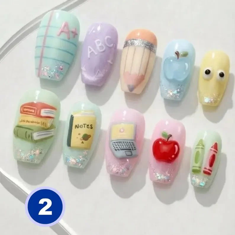 Back to School, Reusable Gel Nails, press on nails, custom press on nails, fake nails, Nails Art, stained glass nails, gold press on nails, 3d press on nails, luxury press on nails, handmade press on nails