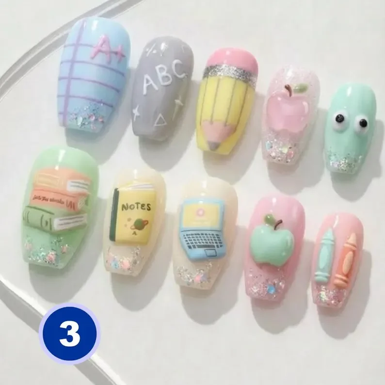 Teacher Gift, Gel Nail Set, press on nails, custom press on nails, fake nails, Nails Art, stained glass nails, gold press on nails, 3d press on nails, luxury press on nails, handmade press on nails