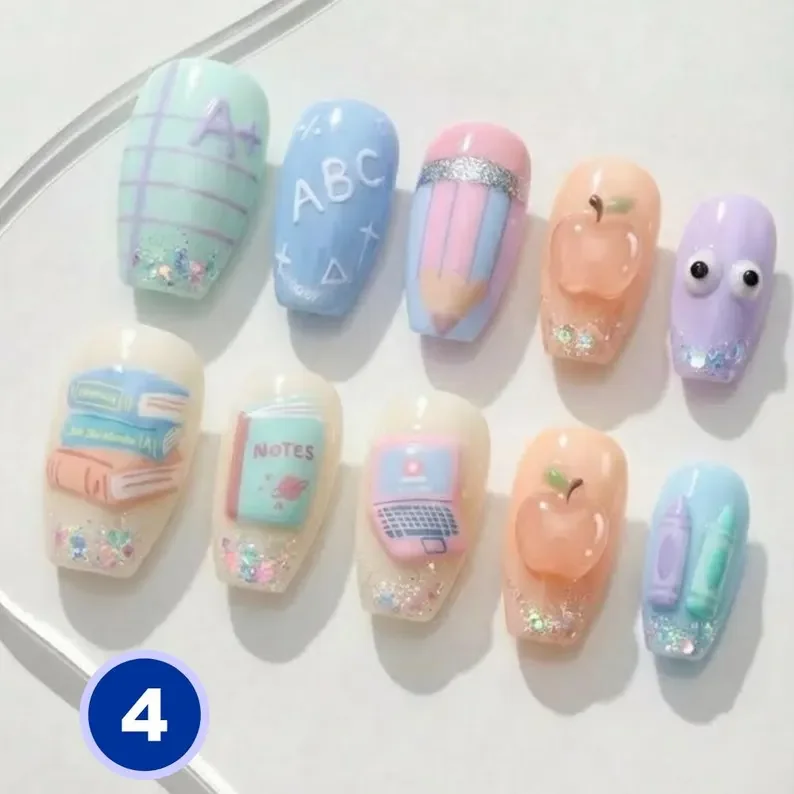 3D Nail Art, School Theme Nails, press on nails, custom press on nails, fake nails, Nails Art, stained glass nails, gold press on nails, 3d press on nails, luxury press on nails, handmade press on nails