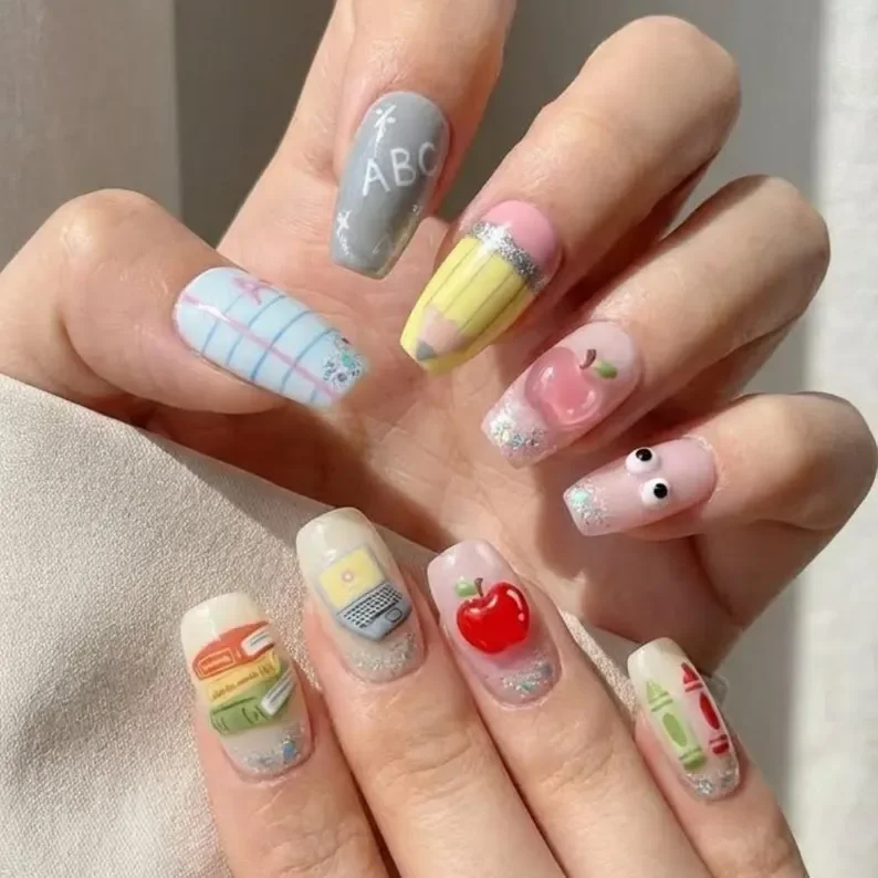 3D Teacher Nails, Press On Nails, press on nails, custom press on nails, fake nails, Nails Art, stained glass nails, gold press on nails, 3d press on nails, luxury press on nails, handmade press on nails