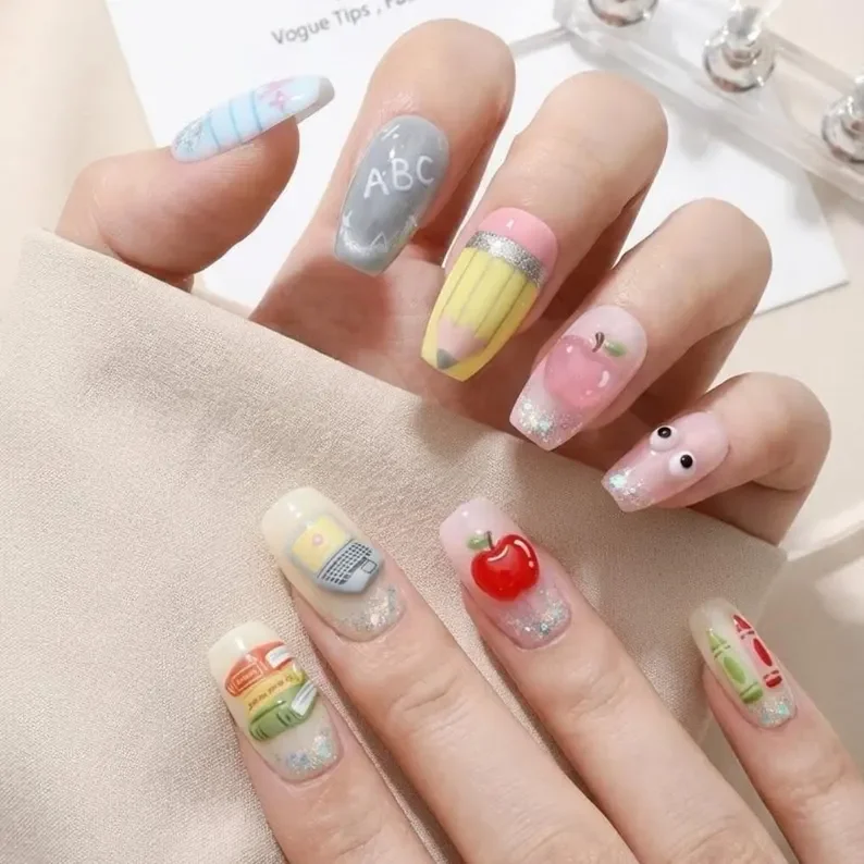 Back to School, Reusable Gel Nails, press on nails, custom press on nails, fake nails, Nails Art, stained glass nails, gold press on nails, 3d press on nails, luxury press on nails, handmade press on nails