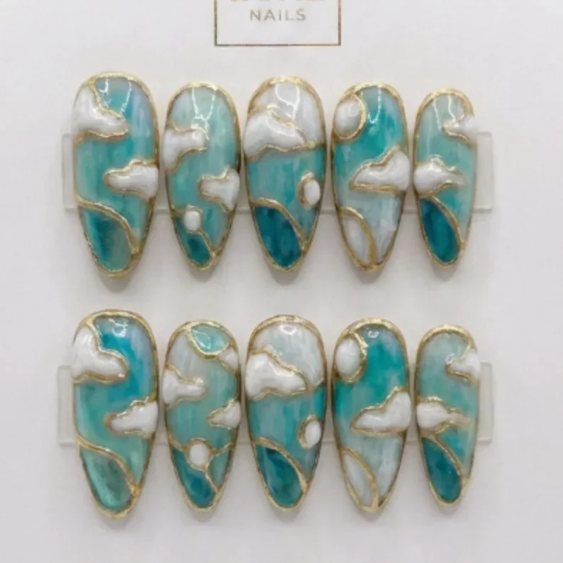 3D Teal Ocean Nails, Stained Glass Press On, press on nails, custom press on nails, fake nails, Nails Art, stained glass nails, gold press on nails, 3d press on nails, luxury press on nails, handmade press on nails