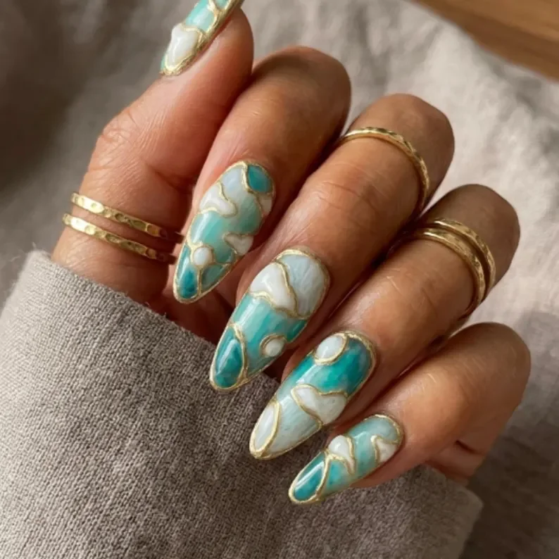 Luxury Gold Filigree, Marble Nail Art, press on nails, custom press on nails, fake nails, Nails Art, stained glass nails, gold press on nails, 3d press on nails, luxury press on nails, handmade press on nails
