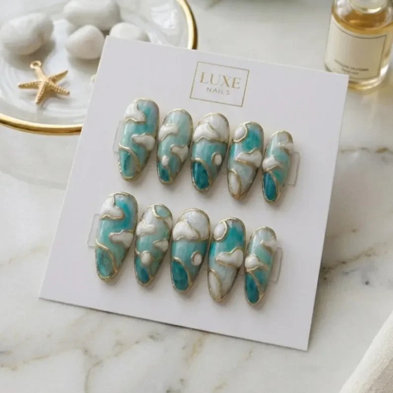 3D Teal Ocean Nails, Stained Glass Press On, press on nails, custom press on nails, fake nails, Nails Art, stained glass nails, gold press on nails, 3d press on nails, luxury press on nails, handmade press on nails
