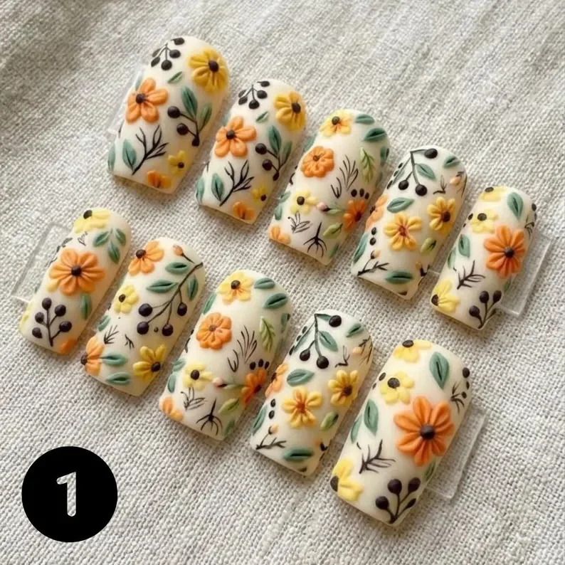 3D textured nails, floral press on, press on nails, custom press on nails, fake nails, Nails Art, stained glass nails, gold press on nails, 3d press on nails, luxury press on nails, handmade press on nails