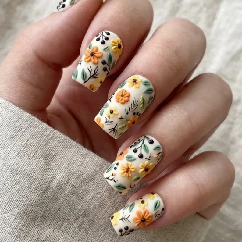 matte wildflower, wildflower nail art, press on nails, custom press on nails, fake nails, Nails Art, stained glass nails, gold press on nails, 3d press on nails, luxury press on nails, handmade press on nails