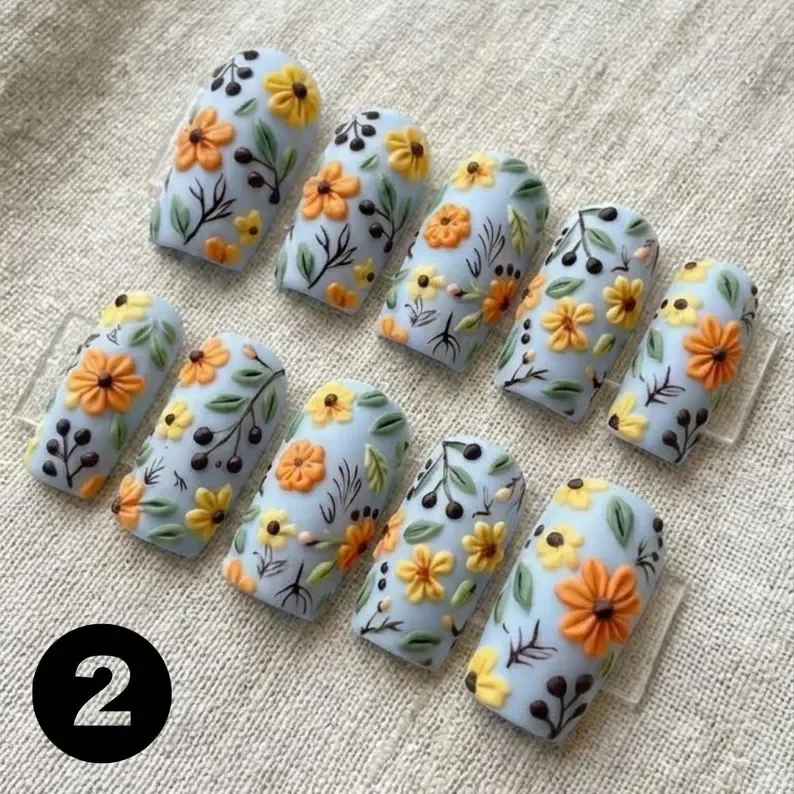 4 color nails, 3D floral design, press on nails, custom press on nails, fake nails, Nails Art, stained glass nails, gold press on nails, 3d press on nails, luxury press on nails, handmade press on nails