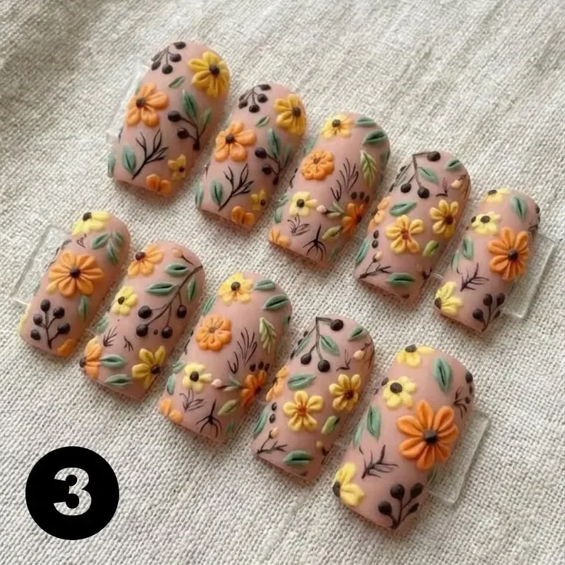 3D textured nails, floral press on, press on nails, custom press on nails, fake nails, Nails Art, stained glass nails, gold press on nails, 3d press on nails, luxury press on nails, handmade press on nails