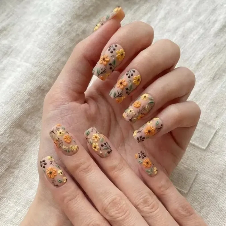 matte wildflower, wildflower nail art, press on nails, custom press on nails, fake nails, Nails Art, stained glass nails, gold press on nails, 3d press on nails, luxury press on nails, handmade press on nails