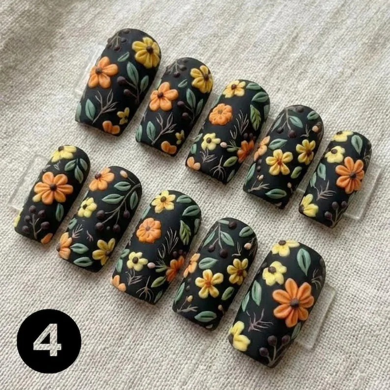 4 color nails, 3D floral design, press on nails, custom press on nails, fake nails, Nails Art, stained glass nails, gold press on nails, 3d press on nails, luxury press on nails, handmade press on nails