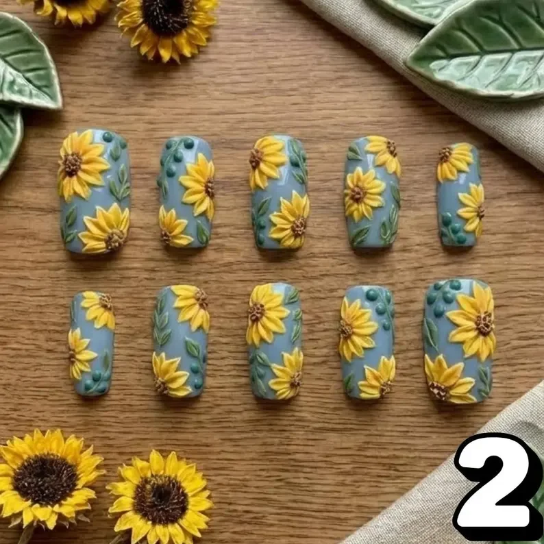 blue sunflower nails, rust sunflower nails, press on nails, custom press on nails, fake nails, Nails Art, stained glass nails, gold press on nails, 3d press on nails, luxury press on nails, handmade press on nails