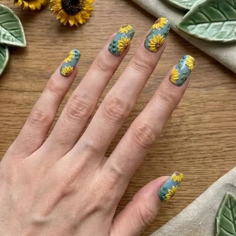 black sunflower nails, reusable press on nails, press on nails, custom press on nails, fake nails, Nails Art, stained glass nails, gold press on nails, 3d press on nails, luxury press on nails, handmade press on nails