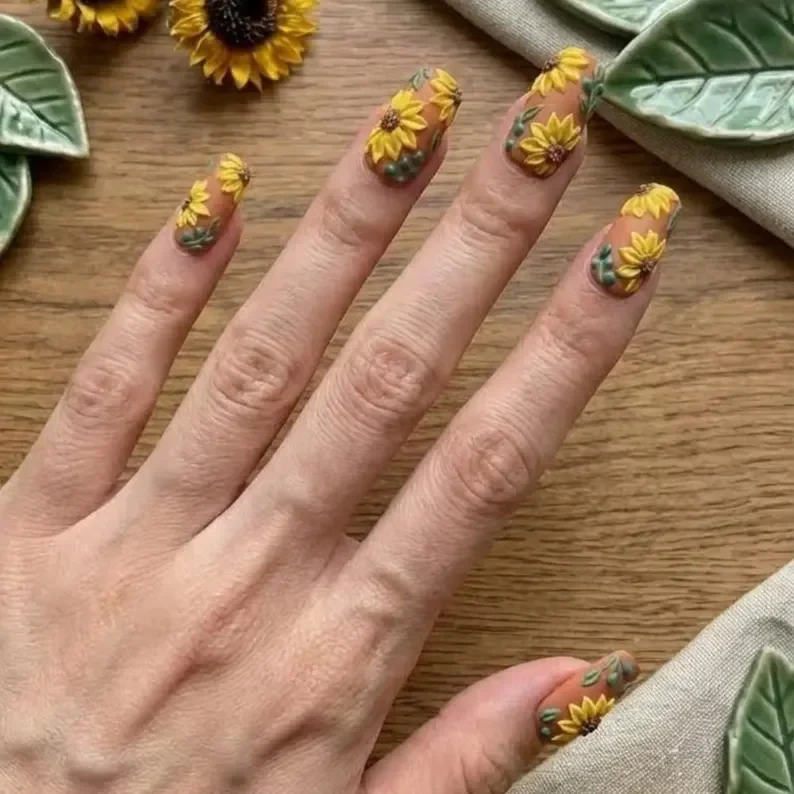 sunflower press on, press on nail set, press on nails, custom press on nails, fake nails, Nails Art, stained glass nails, gold press on nails, 3d press on nails, luxury press on nails, handmade press on nails