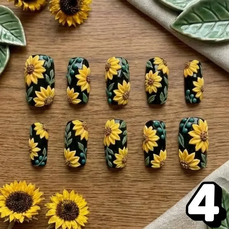 cream sunflower nails, blue sunflower nails, press on nails, custom press on nails, fake nails, Nails Art, stained glass nails, gold press on nails, 3d press on nails, luxury press on nails, handmade press on nails