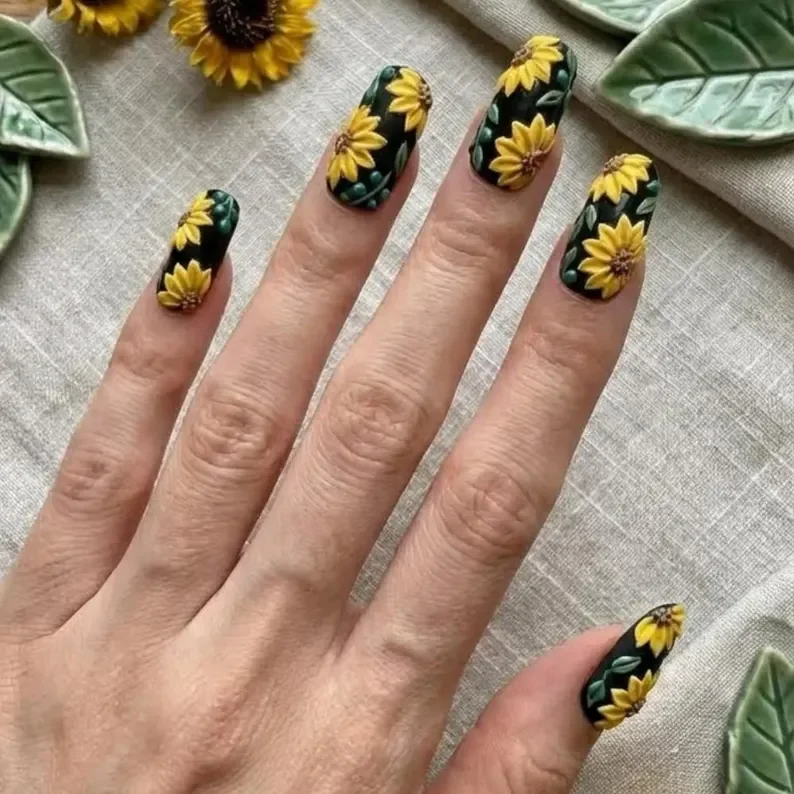 rust sunflower nails, black sunflower nails, press on nails, custom press on nails, fake nails, Nails Art, stained glass nails, gold press on nails, 3d press on nails, luxury press on nails, handmade press on nails