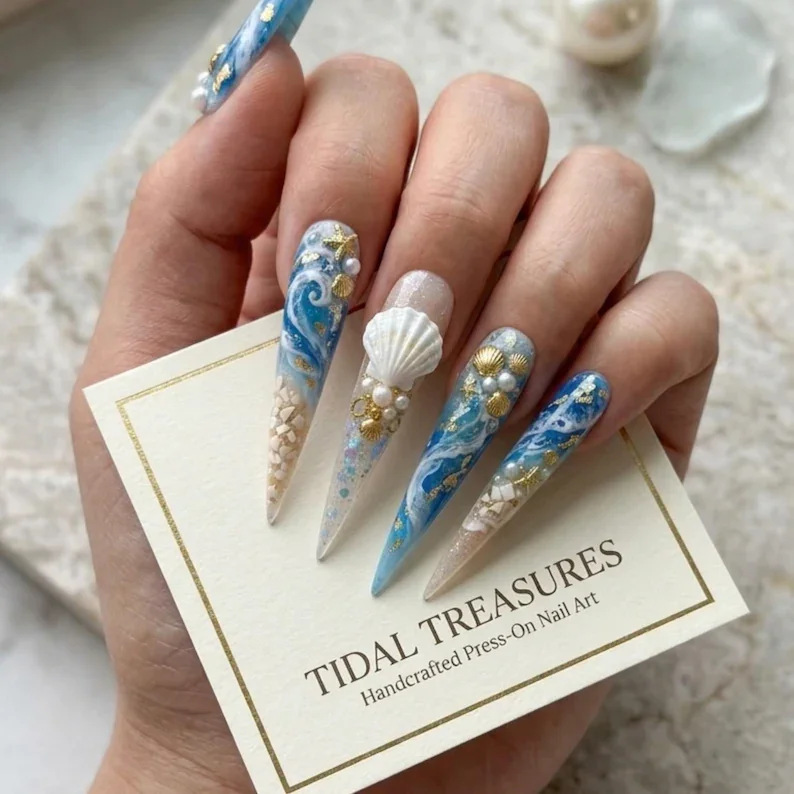 3D Tidal Treasures, Ocean Press On Nails, press on nails, custom press on nails, fake nails, Nails Art, stained glass nails, gold press on nails, 3d press on nails, luxury press on nails, handmade press on nails