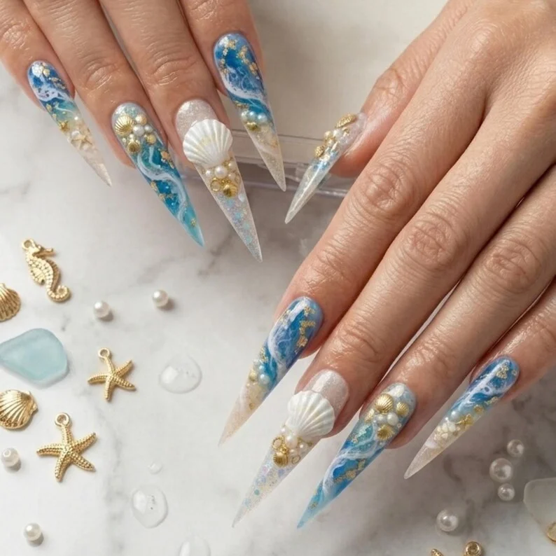 Luxury Mermaidcore, Shell Pearl Nail Art, press on nails, custom press on nails, fake nails, Nails Art, stained glass nails, gold press on nails, 3d press on nails, luxury press on nails, handmade press on nails