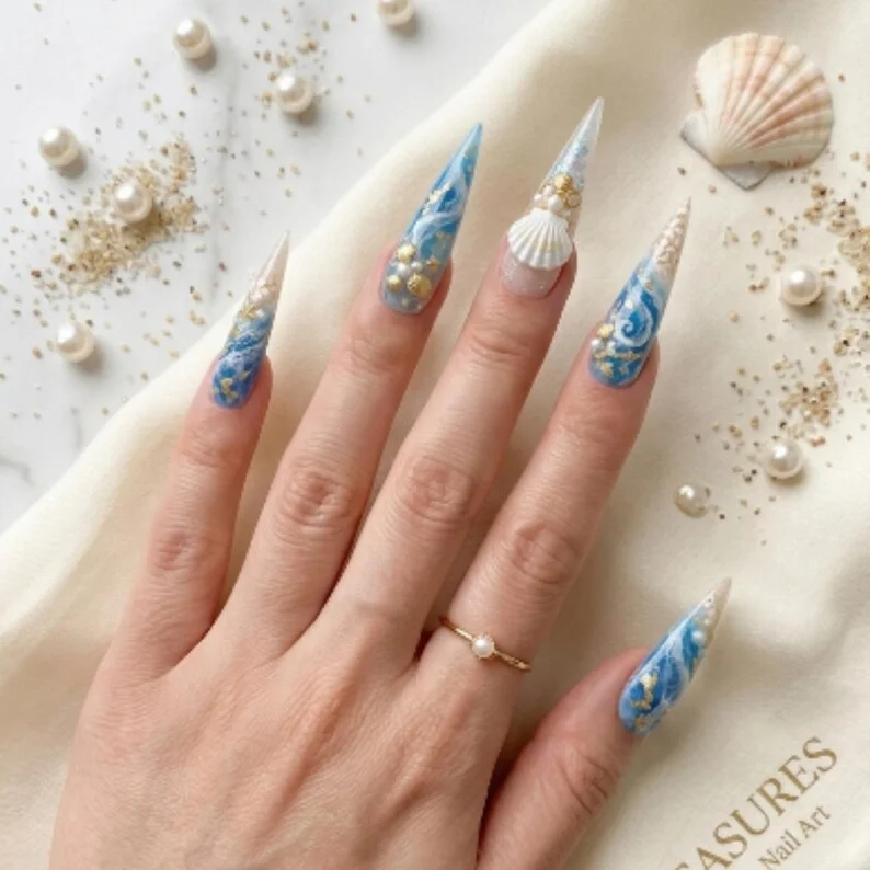 Mermaidcore Nails, Tidal Ocean Nails, press on nails, custom press on nails, fake nails, Nails Art, stained glass nails, gold press on nails, 3d press on nails, luxury press on nails, handmade press on nails
