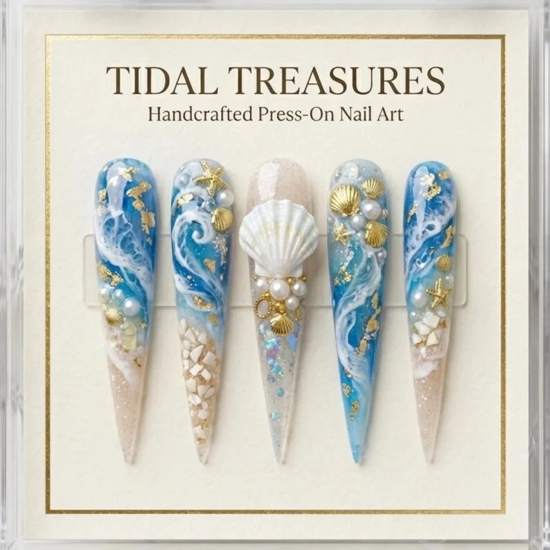 3D Shell Nails, Pearl Accent Nails, press on nails, custom press on nails, fake nails, Nails Art, stained glass nails, gold press on nails, 3d press on nails, luxury press on nails, handmade press on nails