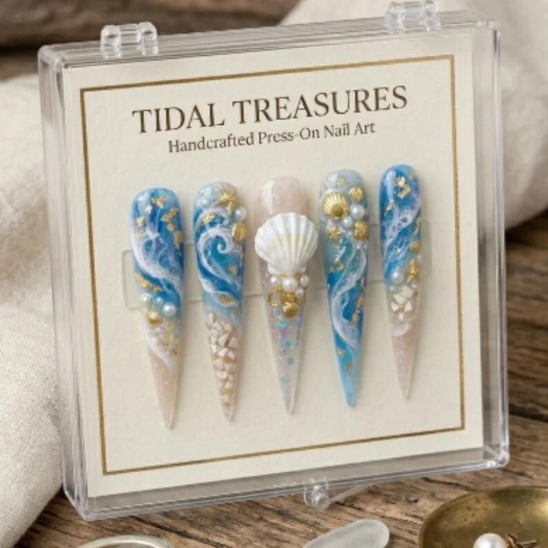 3D Tidal Treasures, Ocean Press On Nails, press on nails, custom press on nails, fake nails, Nails Art, stained glass nails, gold press on nails, 3d press on nails, luxury press on nails, handmade press on nails